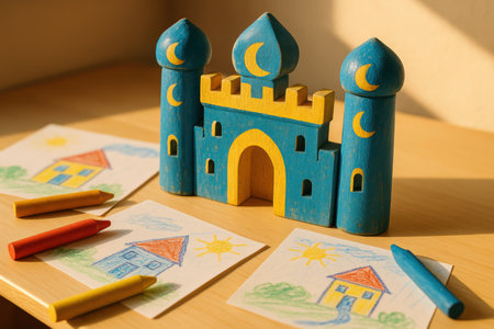 Colorful wooden castle toy surrounded by children's crayon drawings of houses and sunlit outdoor scenes on a wooden table.の素材