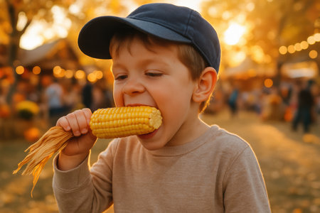 Young boy enjoys eating fresh corn on the cob outdoors during an autumn festival with warm golden sunlight in the background.の素材
