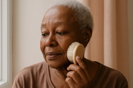 Mature woman practicing gentle facial dry brushing for skincare wellness by a window, promoting healthy aging and self care routine.の素材