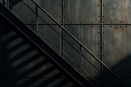 Industrial metal staircase casting geometric shadows against a dark riveted steel wall in dramatic sunlight for urban design themes.の素材