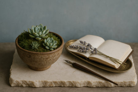 Succulent arrangement in rustic ceramic bowl with open notebook, fountain pen, and dried lavender sprigs on stone surface.の素材