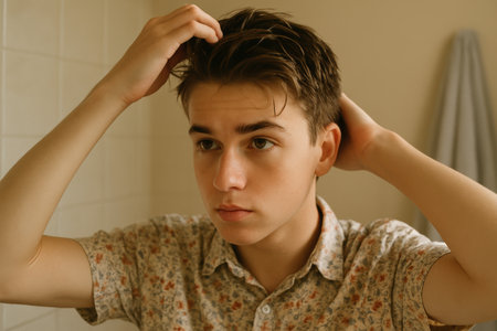 Young man grooming hair in bathroom, wearing floral shirt and looking at reflection with thoughtful expression under warm lighting.の素材