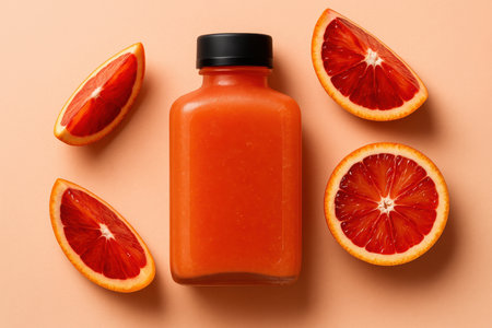 Fresh blood orange juice in a glass bottle surrounded by sliced citrus on a peach toned background, vibrant healthy refreshment.の素材