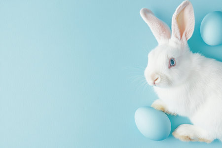 Adorable white rabbit with blue eggs on soft pastel background.の素材
