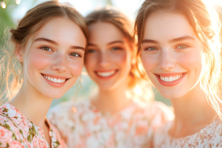 Smiling young women in floral dresses enjoying a sunny day outdoors with natural light and joyful expressions.の素材