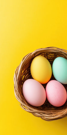 Colorful easter eggs in woven basket against vibrant yellow background.の素材