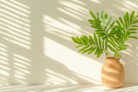 Tropical green houseplant in terracotta vase on minimalist white background with sunlight and dramatic leafy shadows creating modern natural decor.の素材