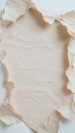 Aged torn beige paper sheet with rough edges isolated on white background, providing a vintage textured surface for creative designs and retro projects.の素材