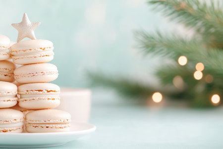 Festive stack of vanilla macarons with star topper, surrounded by soft pine branches and warm holiday lights.の素材
