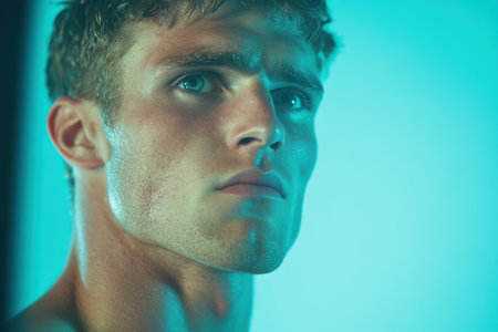 Pensive young man with intense gaze in cool blue lighting, expressing thoughtfulness and contemplation.の素材