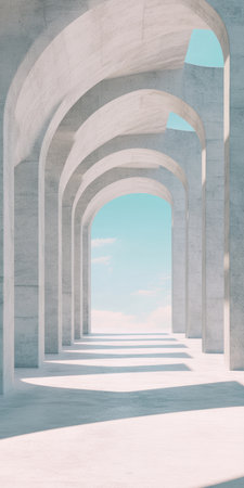 Minimalist concrete archway with shadows cast on an open walkway under a clear blue sky.の素材