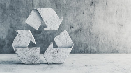Concrete recycling symbol in urban industrial setting representing sustainability and environmental conservation.の素材
