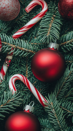 Festive red ornaments and candy canes on evergreen branches celebrating the holiday season.の素材