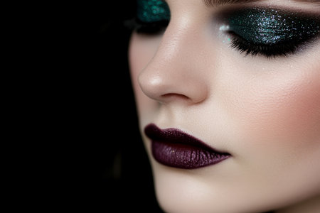 Close up of a woman's face with bold makeup and glittering eyeshadow in a dark setting.の素材