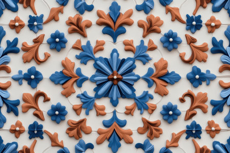 Symmetrical blue and terracotta floral patterns arranged in geometric repetition on a white background for elegant decorative design.の素材