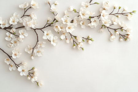 Delicate white cherry blossoms on a branch against a soft neutral background, symbolizing spring and natural beauty.の素材