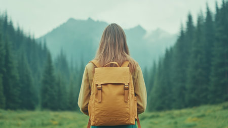Young woman hiking in mountainous terrain with backpack amidst lush forest and breathtaking scenery.の素材