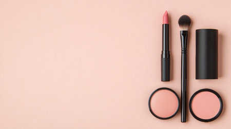 Elegant makeup set with lipstick, blush, and brushes on soft pink background for beauty enthusiasts.の素材