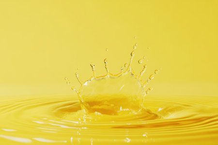 Crystal clear water droplet splashing on vibrant yellow surface, creating elegant crown shape and dynamic ripple patterns in sunlight.の素材