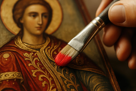 Artist restoring ornate religious icon with a fine brush, focusing on golden and red details in a traditional sacred painting.の素材