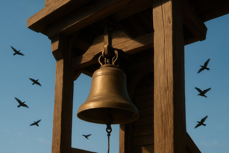 Old bronze bell hanging in wooden tower surrounded by flying black birds against clear blue sky at sunset.の素材