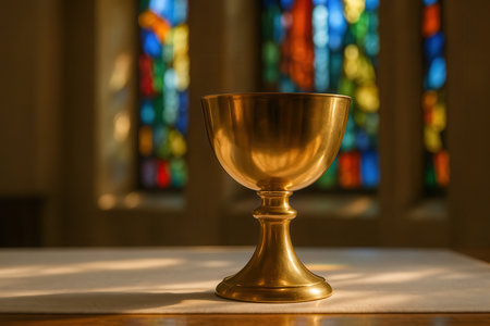 Golden chalice on an altar illuminated by sunlight with colorful stained glass windows in the background during morning church service.の素材