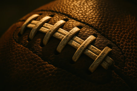 Close up detailed view of classic american football ball with textured leather and white laces under dramatic lighting.の素材
