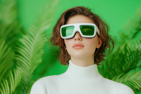 Stylish woman in futuristic sunglasses against a vibrant green backdrop, embodying modern fashion with a hint of nature.の素材