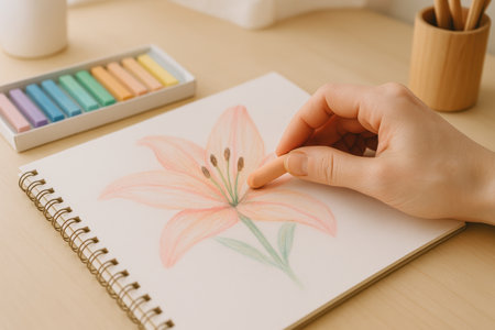 Artist sketching delicate pastel lily flower on white paper using colored chalks, creative drawing process on wooden table.の素材