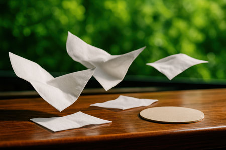 White paper napkins floating in the air above a wooden table with green foliage in the background, clean and eco friendly concept.の素材