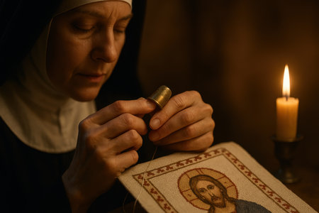 Focused nun hand stitching religious embroidery by candlelight, concentrated on delicate needlework featuring sacred icon.の素材