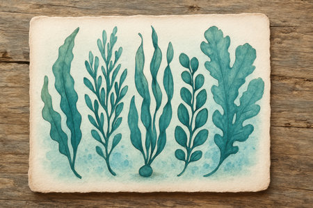 Hand painted botanical artwork featuring five varieties of edible seaweed displayed on textured watercolor paper, rustic background.の素材