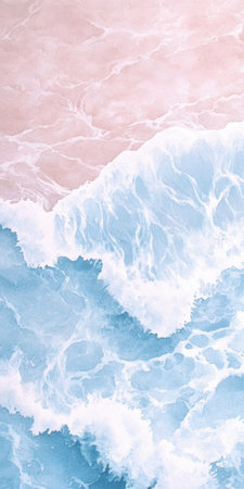 Abstract aerial view of pink and blue waves colliding in ocean scene.の素材