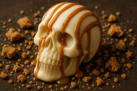 Creamy chocolate skull dessert drizzled with caramel sauce and surrounded by crumbled cookie pieces on a dark rustic surface.の素材