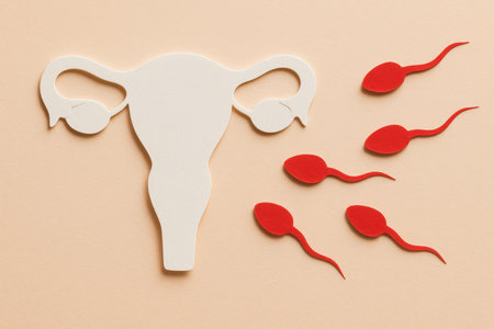 Paper cutout representation of human reproductive system with sperm cells approaching uterus on pastel background, symbolizing fertility.の素材