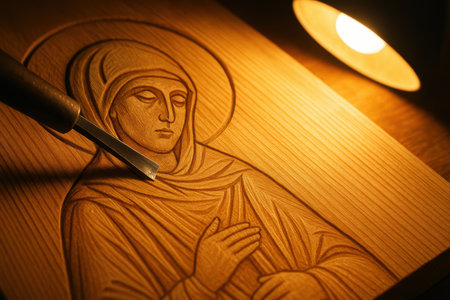 Craftsman carving religious icon of serene woman in wood panel under focused light, creating intricate handmade artwork with a chisel.の素材