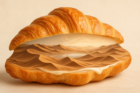 Surreal fast food croissant filled with non edible layered desert landscape, imaginative food art combining pastry and fantasy elements.の素材