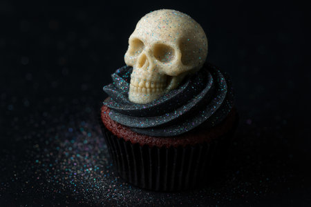 Chocolate cupcake with black swirl frosting and white skull candy decoration, sprinkled with glitter on a dark background.の素材