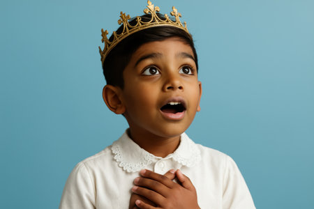 Young boy wearing a gold crown looks upward with awe, hands clasped to chest, dressed in a white shirt against blue background.の素材