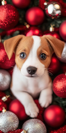 Adorable puppy among festive red and silver Christmas ornaments, curiously gazing at the camera.の素材