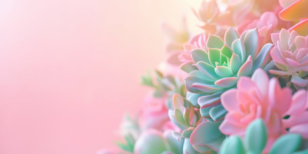 Vibrant succulents in soft pastel light creating a serene botanical display with hues of pink and green.の素材
