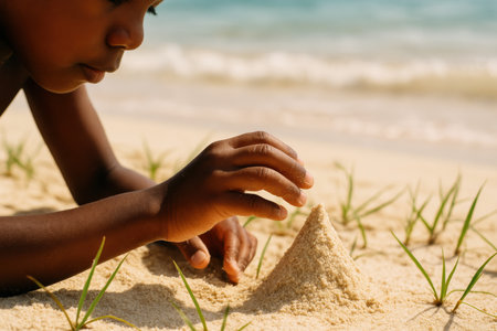 Young child building a sandcastle on the beach, focused on shaping sand with hands near seaside and green grass under sunlight.の素材