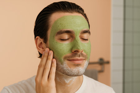 Young man relaxing with a green facial mask applied, gently massaging his face as part of a skincare routine in a modern bathroom.の素材