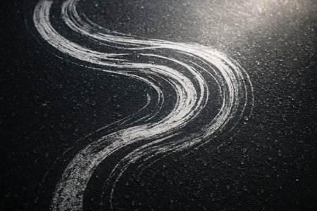 Curved tire skid marks winding on dark asphalt road surface highlighted by sunlight suggesting sudden vehicle maneuver.の素材