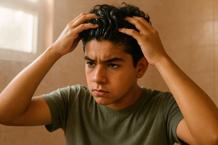 Young man examining scalp in bathroom mirror with concerned expression, checking hair and scalp health in warm indoor lighting.の素材