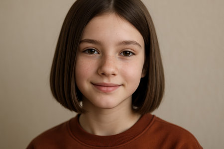 Portrait of a smiling young girl with straight brown hair, wearing a rust colored sweater against a neutral background.の素材