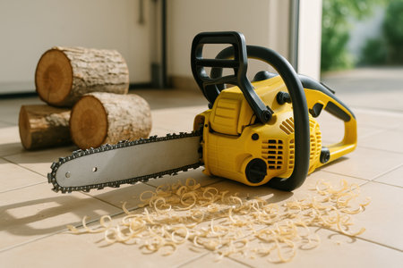 Yellow chainsaw on tiled floor with wood shavings and stacked logs in background, indoor light creating natural shadow contrast.の素材
