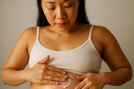 Pregnant woman applying moisturizing cream to belly in natural light, focusing on skincare routine and maternal self care habits.の素材