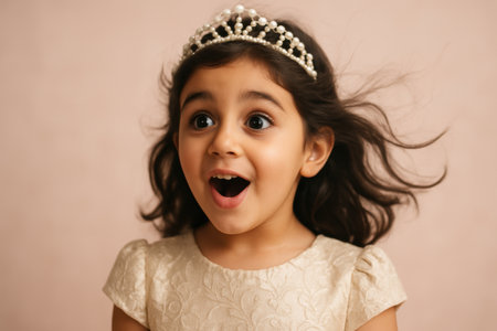 Excited young girl with long dark hair wearing a pearl tiara and cream dress smiling with amazement against soft background.の素材