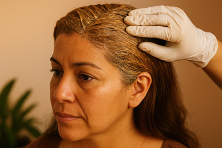 Woman receiving hair dye application on roots with professional wearing gloves in indoor setting.の素材